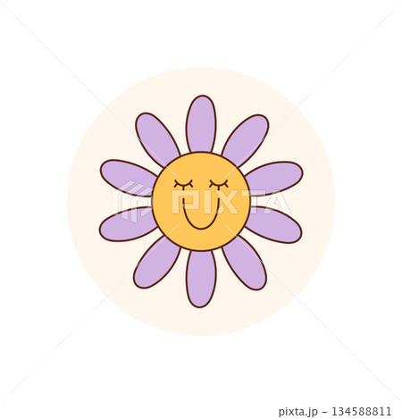 Groovy round sticker with cute daisy and happy smiley in retro y2k style. Flower seal and circle lid perfect for package. Fun, positive icon for product or package label. Groovy round sticker with cute daisy and happy smiley in retro y2k style. Flower seal and circle lid perfect for package. Fun, positive icon for product or package label. 134588811