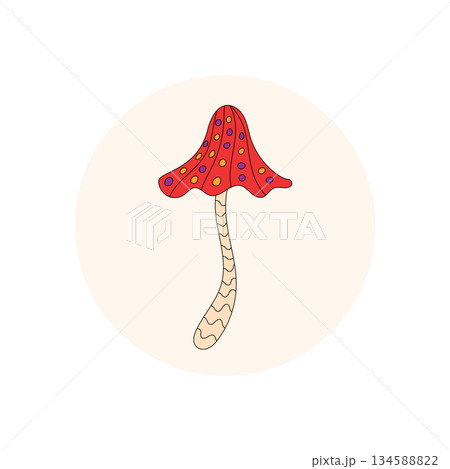 Groovy psychedelic magic mushroom sticker in retro cartoon graphic style. Trippy red circle sticker uses y2k fun look as unique package seal for lid, perfect for colorful package or product label. 134588822