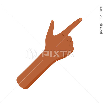 Flat black hand gesture showing two fingers. Bare palm expresses number two with fingers in an upward signal. Useful for counting concepts, isolated in modern style. 134588916