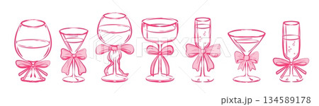 Cocktail glass set with pink bow ribbons Cocktail glass set with pink bow ribbons 134589178