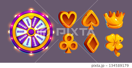 Golden slot machine icons with fortune wheel 134589179