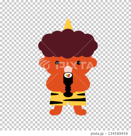 Cute red demon character illustration holding Setsubun ehomaki | Japanese event design for children Cute red demon character illustration holding Setsubun ehomaki | Japanese event design for children 134589459