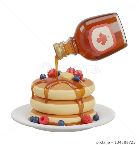 Delicious 3d render of golden maple syrup being poured over a tall stack of fluffy pancakes topped with fresh berries 134589723