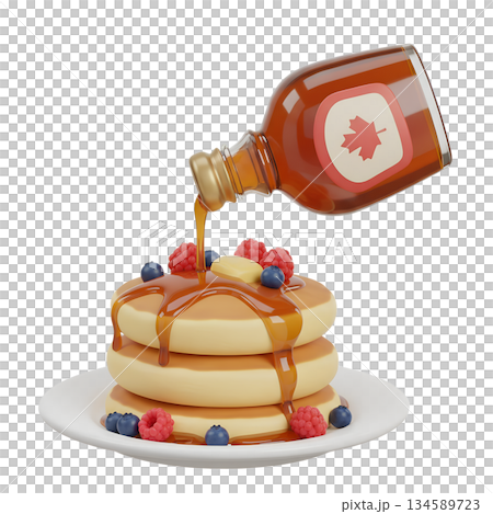 Delicious 3d render of golden maple syrup being poured over a tall stack of fluffy pancakes topped with fresh berries Delicious 3d render of golden maple syrup being poured over a tall stack of fluffy pancakes topped with fresh berries 134589723