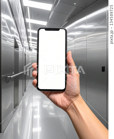 Hand Displaying Phone in Sleek, Reflective Elevator Interior Hand Displaying Phone in Sleek, Reflective Elevator Interior 134589725