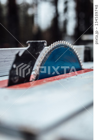 Circular saw blade positioned on a woodworking table, showcasing sharp teeth and blue tint, surrounded by a blurred forest backdrop, emphasizing craftsmanship and precision in woodworking Circular saw blade positioned on a woodworking table, showcasing sharp teeth and blue tint, surrounded by a blurred forest backdrop, emphasizing craftsmanship and precision in woodworking 134589748