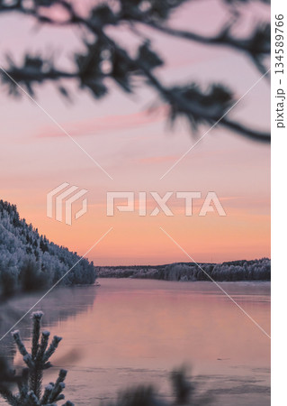 Serene winter landscape featuring a frozen river reflecting pastel hues of sunset, framed by frosted trees, creating a tranquil and picturesque natural scene 134589766