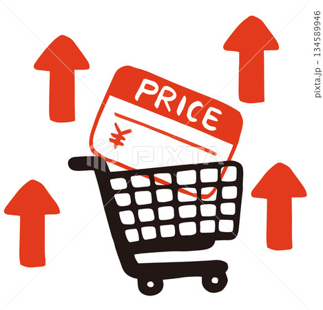 値札入り買い物かごと上向き矢印のベクターイラスト｜物価高・インフレ・価格上昇素材 134589946