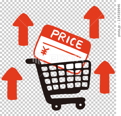 値札入り買い物かごと上向き矢印のベクターイラスト｜物価高・インフレ・価格上昇素材 134589946