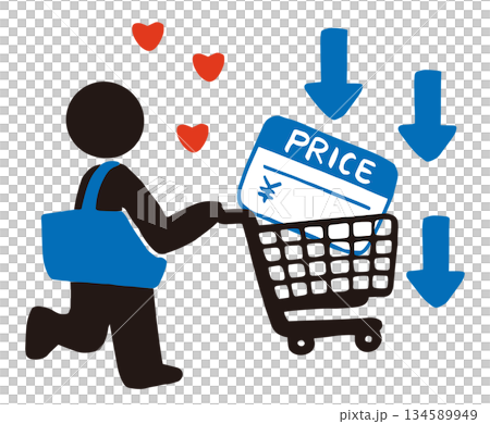 値札入り買い物かごと下向き矢印のベクターイラスト｜物価低・値下げ・価格下落素材 134589949
