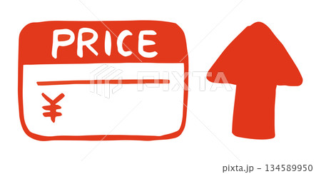 値札と上向き矢印のベクターイラスト｜物価高・インフレ・価格上昇素材 134589950