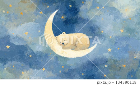 星空に浮かぶ月と眠るシロクマ ファンタジー水彩イラスト 134590119