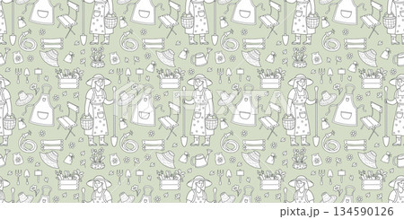 Outline Gardening Seamless Pattern. Women Farmer and Harvest on Green Background. Repeating Template Pastel Hand Drawn Female Character with Gardening Tools. Vector horizontal Illustration. Not AI Outline Gardening Seamless Pattern. Women Farmer and Harvest on Green Background. Repeating Template Pastel Hand Drawn Female Character with Gardening Tools. Vector horizontal Illustration. Not AI 134590126