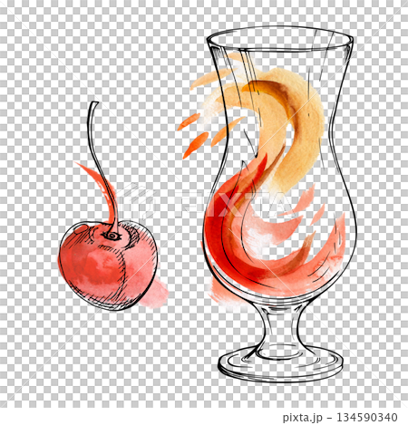 Mai Tai, aperol spritz, tequila sunrise exotic cocktail, fruit or berry juice in hurricane glass with cherry garnish. Watercolor and ink hand drawn illustration for tropical bar themes and packaging. 134590340