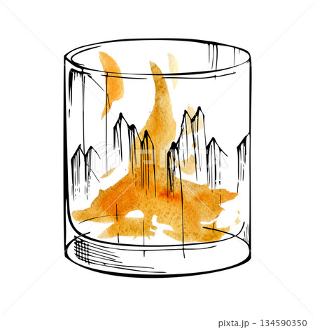 Orange juice, tea or amber cocktail like aperol spritz, old-fashioned, negroni in rocks tumbler crystal glass. Hand-drawn watercolor and ink illustration for bar menu, recipe cards, product labels. 134590350