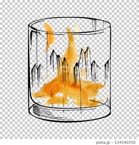 Orange juice, tea or amber cocktail like aperol spritz, old-fashioned, negroni in rocks tumbler crystal glass. Hand-drawn watercolor and ink illustration for bar menu, recipe cards, product labels. 134590350