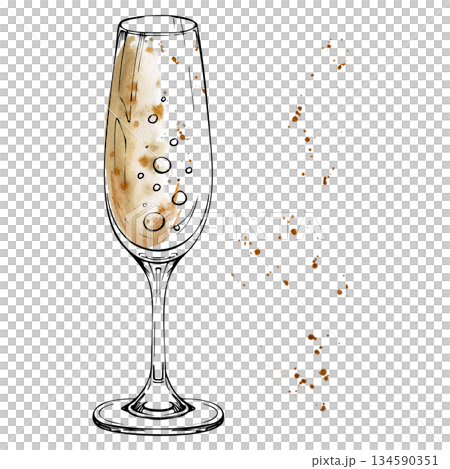 Brut champagne, white wine or fizzy soda drink with bubbles in flute glass, watercolor tones and fine ink lines. Hand drawn for bar menu prints, travel and lifestyle blogs, exotic decor visuals. 134590351