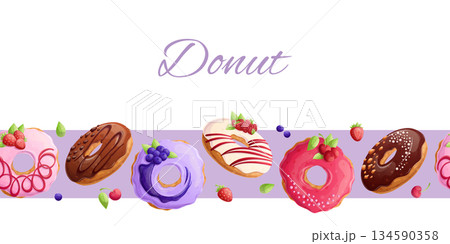 Seamless border with delicious donuts. The concept of confectionery, baking, cooking. Vector illustration for the design of posters, postcards, banners 134590358