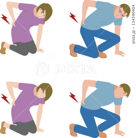 立ち上がる時、腰が痛むミドルの男性と女性のイラスト 134590404