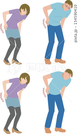 腰から脚の痺れに悩むミドルの男性と女性のイラスト 134590410
