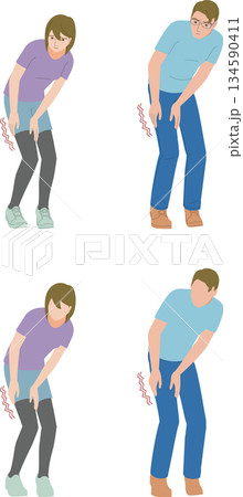 脚、太腿の痺れに悩むミドルの男性と女性のイラスト 134590411