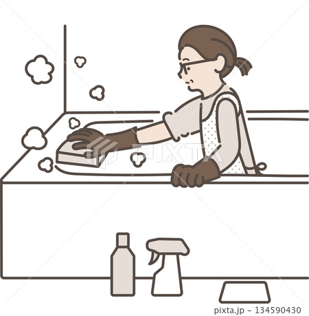 風呂掃除をする40代女性のイラスト 風呂掃除をする40代女性のイラスト 134590430