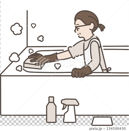 風呂掃除をする40代女性のイラスト 風呂掃除をする40代女性のイラスト 134590430