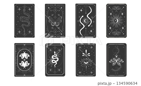 Tarot card frame spiritual esoteric reverse border magic sacred cover card. Mystic elements moon, sun, magic moth, snake fantasy sign. 134590634