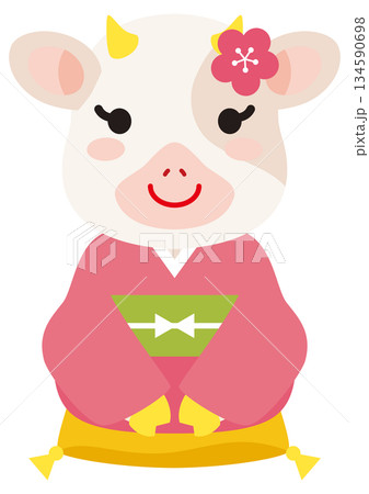 着物を着た牛のキャラクター 134590698