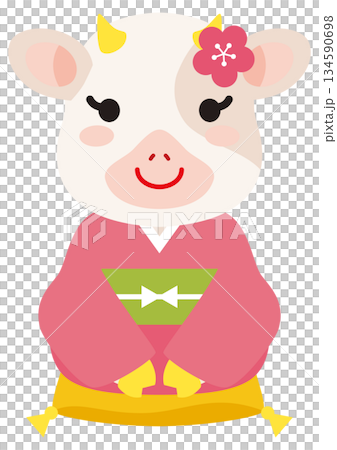 着物を着た牛のキャラクター 134590698