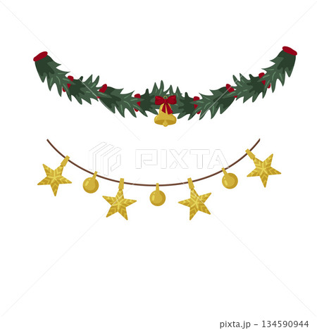 Festive holiday garlands decorated with stars and bells for seasonal celebrations Festive holiday garlands decorated with stars and bells for seasonal celebrations 134590944