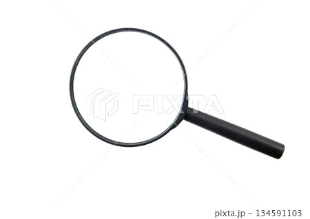 Black plastic magnifying glass isolated on white background Black plastic magnifying glass isolated on white background 134591103