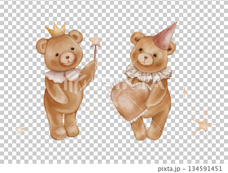 Horizontal composition two Cute Teddy Bears in festive cap and crown Holding beige Heart and stars. Hand drawn watercolor illustration for Baby shower invitations or nursery wall art. Drawing for card 134591451