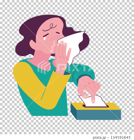 Illustration of a person with a runny nose, rhinitis, hay fever, cold 134591645