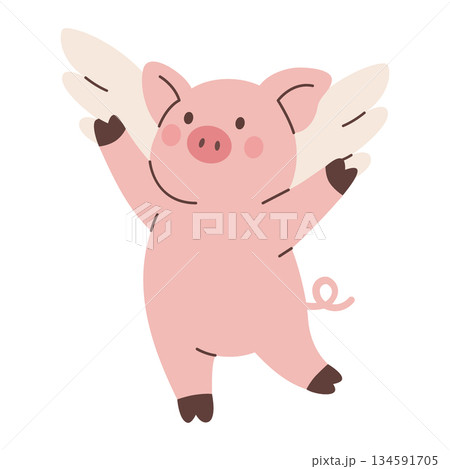 Funny pink flying pig with wings. Cute piglet vector character illustration for fantasy, kids, and whimsical creative designs 134591705