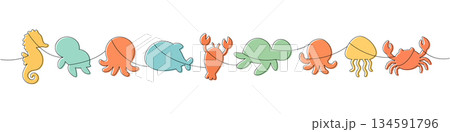 Pastel ocean animals. Seahorse, octopus, fish, crab, jellyfish and turtle, cute minimalist outline silhouettes 134591796