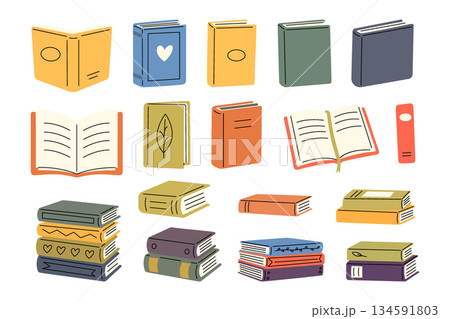 Colorful books in flat hand-drawn style. Variety of reading and literature themes Colorful books in flat hand-drawn style. Variety of reading and literature themes 134591803