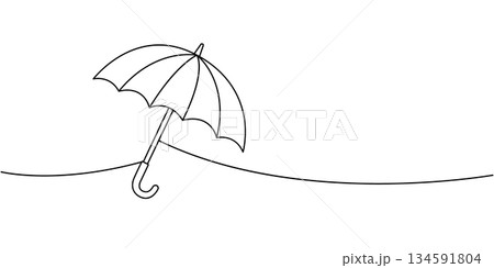 Minimalist linear outline of a single umbrella leaning on a wavy line, abstract black contour illustration of rain protection Minimalist linear outline of a single umbrella leaning on a wavy line, abstract black contour illustration of rain protection 134591804