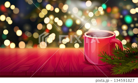 Red wooden counter with festive Christmas lights Red wooden counter with festive Christmas lights 134591827