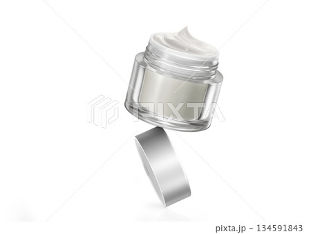 A stylishly arranged bottle of skin cream with its lid open. A stylishly arranged bottle of skin cream with its lid open. 134591843