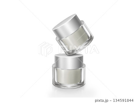 Two bottles of cosmetic cream are placed stylishly on a white floor. Two bottles of cosmetic cream are placed stylishly on a white floor. 134591844
