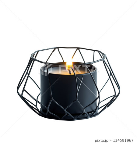 Elegant Black Candle Holder With Lit Candle, Adding Warmth to Modern Decor in a Cozy Setting Elegant Black Candle Holder With Lit Candle, Adding Warmth to Modern Decor in a Cozy Setting 134591967