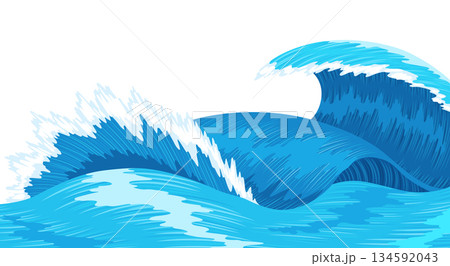 Ocean waves, splash water, marine sea storm element. Blue sea or ocean wave with spray, foam on crest. Vector illustration Ocean waves, splash water, marine sea storm element. Blue sea or ocean wave with spray, foam on crest. Vector illustration 134592043