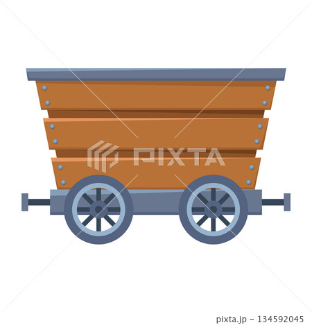 Wooden empty mine cart. Cartoon mine trolley. Vector design illustration isolated on white background Wooden empty mine cart. Cartoon mine trolley. Vector design illustration isolated on white background 134592045