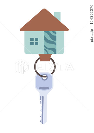 Door keys keyfob. Ring with trinket, keychains plastic tag hanging on keyring. House, apartment or room locking accessories. Cartoon flat vector isolated on white background Door keys keyfob. Ring with trinket, keychains plastic tag hanging on keyring. House, apartment or room locking accessories. Cartoon flat vector isolated on white background 134592076