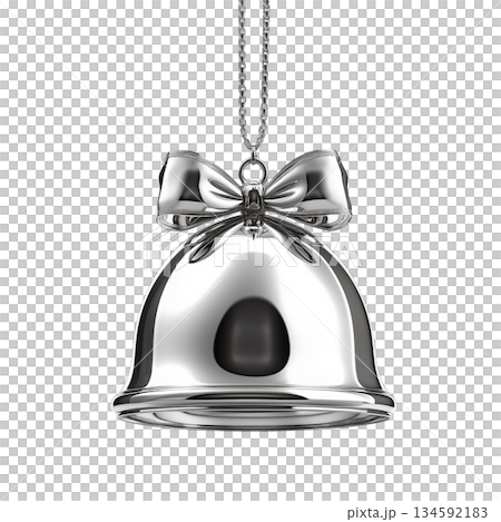 Silver Bell With a Decorative Bow Hanging Against a Plain Background 134592183