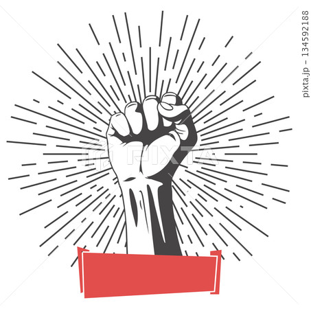 Rised fist hand gesture emblem. Vector hand clenched into fist and rising up, symbol isolated on white background. Power sign. Human hand up in the air Rised fist hand gesture emblem. Vector hand clenched into fist and rising up, symbol isolated on white background. Power sign. Human hand up in the air 134592188