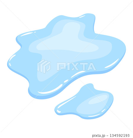 Water spill puddle. Blue liquid shape in flat cartoon style. Clean fluid drop design element isolated on white background 134592193