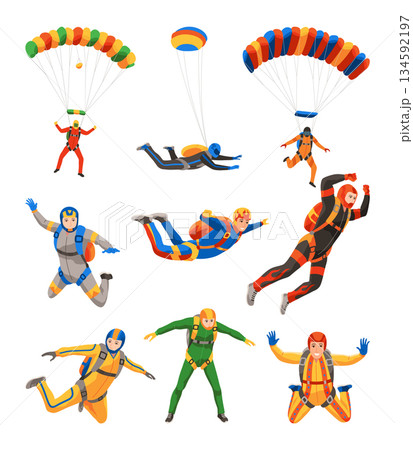 Cartoon skydivers characters. Guys and girls jumping from an airplane, free fall, flying in sky, people falling in different poses, extreme sport, tidy vector set 134592197