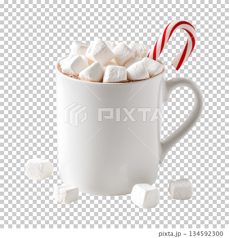Warm Hot Chocolate With Marshmallows and a Candy Cane for a Cozy Winter Treat 134592300